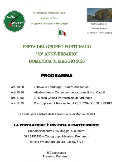 31 maggio FESTA DEL GRUPPO DI FORTUNAGO - Associazione Nazionale Alpini 