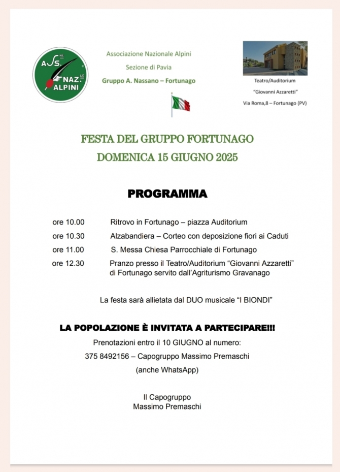 15 GIUGNO FESTA DEL GRUPPO DI FORTUNAGO - Associazione Nazionale Alpini 