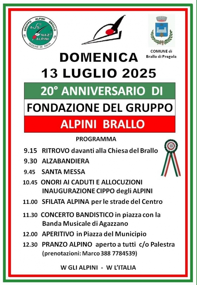 13 LUGLIO  BRALLO  FESTA DEL VENTENNALE - Associazione Nazionale Alpini 