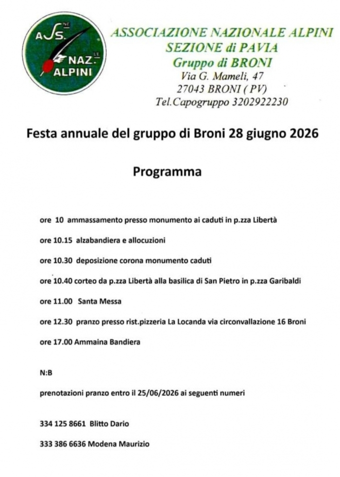 28 GIUGNO FESTA DEL GRUPPO DI BRONI - Associazione Nazionale Alpini 